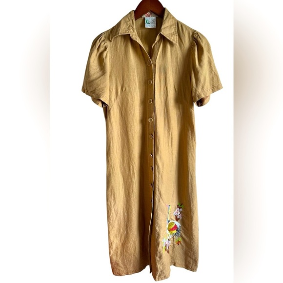 Linen, midi length, shirt dress with embroidered crane. Size XL - Picture 1 of 10